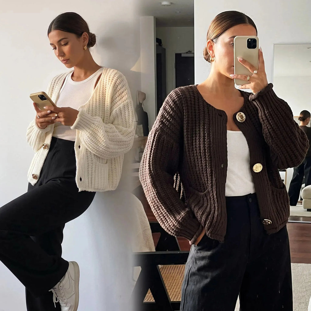 Women's Plush Chunky Knit Winter Cardigan | Crew Neck Button-Front Sweater