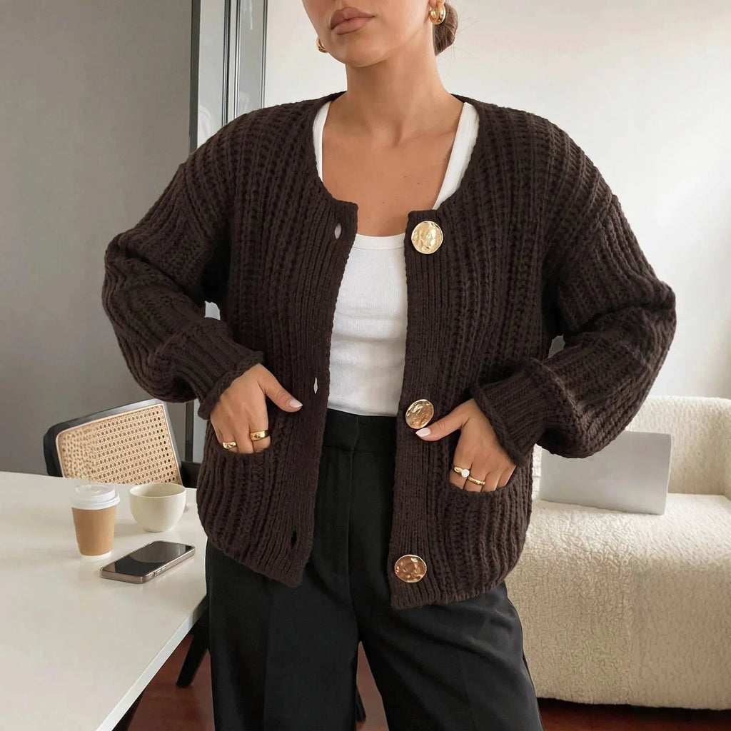 Women's Plush Chunky Knit Winter Cardigan | Crew Neck Button-Front Sweater