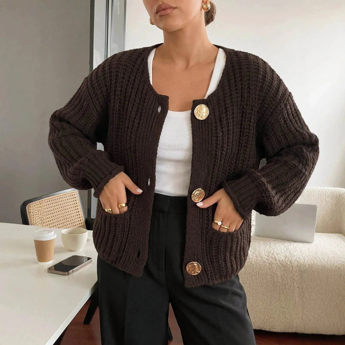Women's Plush Chunky Knit Winter Cardigan | Crew Neck Button-Front Sweater
