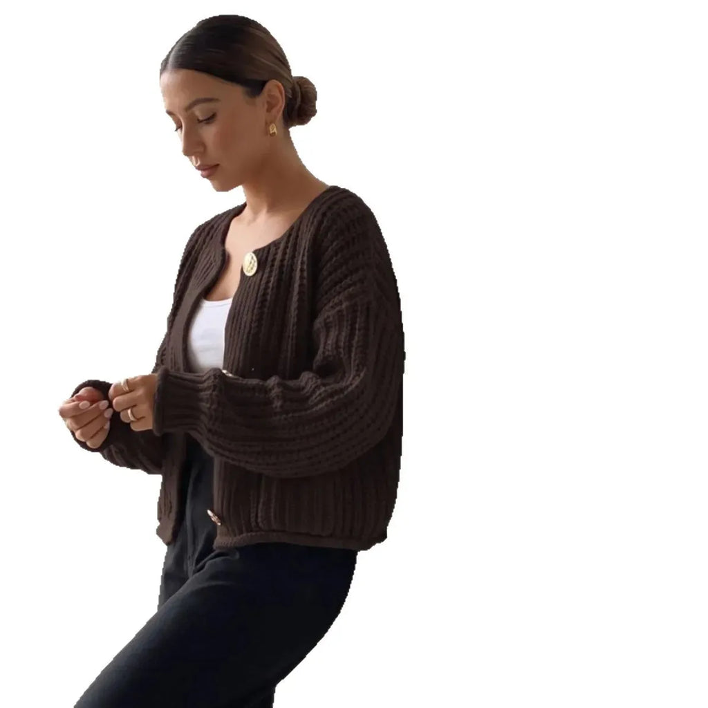 Women's Plush Chunky Knit Winter Cardigan | Crew Neck Button-Front Sweater