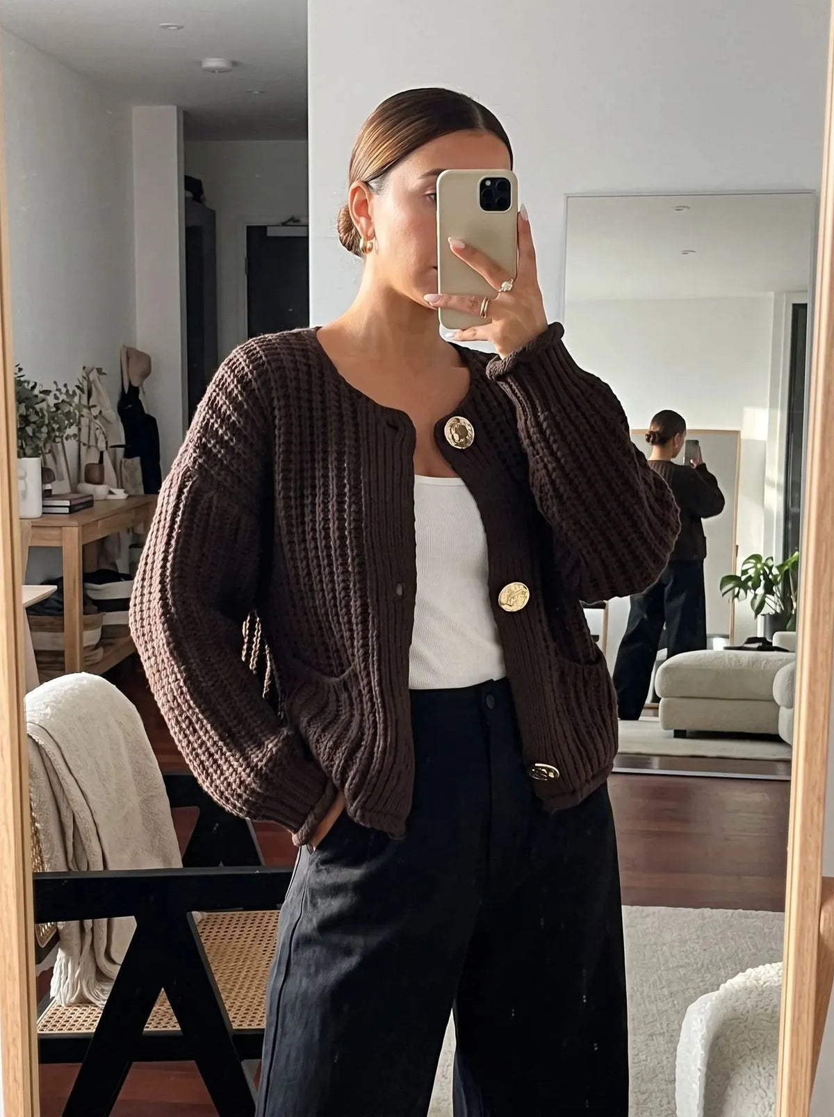 Women's Plush Chunky Knit Winter Cardigan | Crew Neck Button-Front Sweater