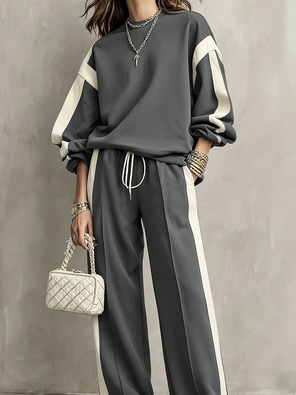 Women's Polyester Tracksuit Set | Casual Drawstring Sweatshirt Trousers