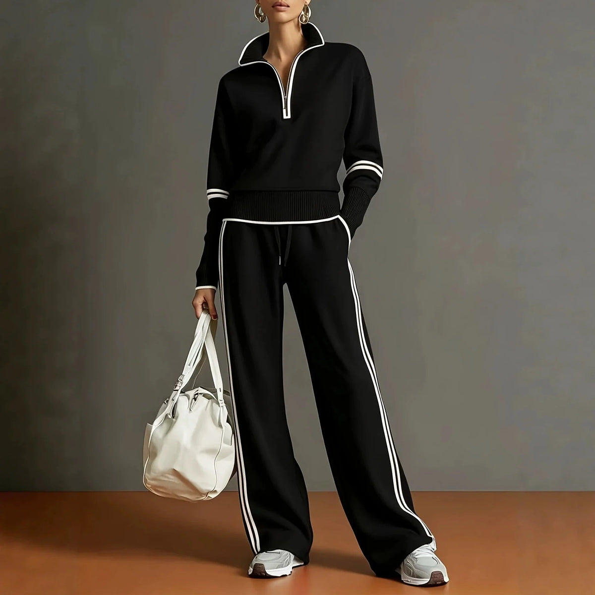 Women's Polyester Tracksuit Set | Casual Zip-Up Sweatshirt Jogger Pants