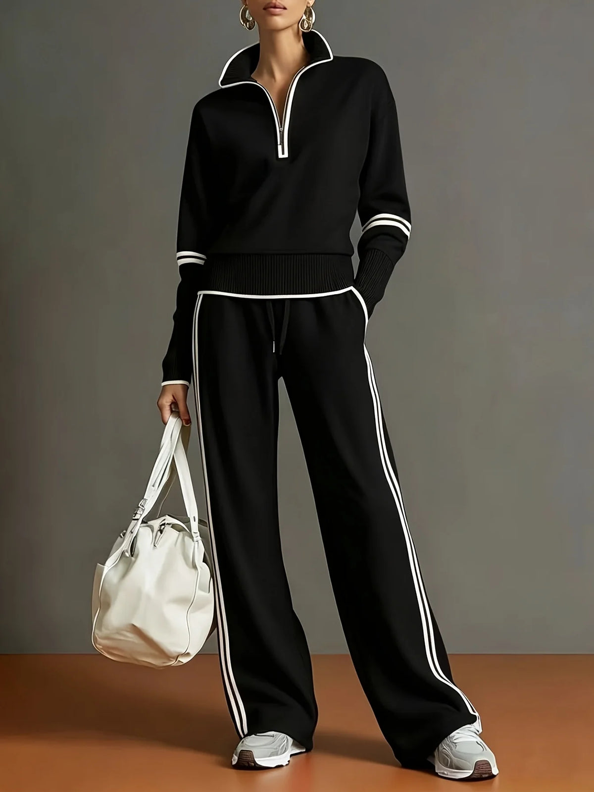 Women's Polyester Tracksuit Set | Casual Zip-Up Sweatshirt Jogger Pants