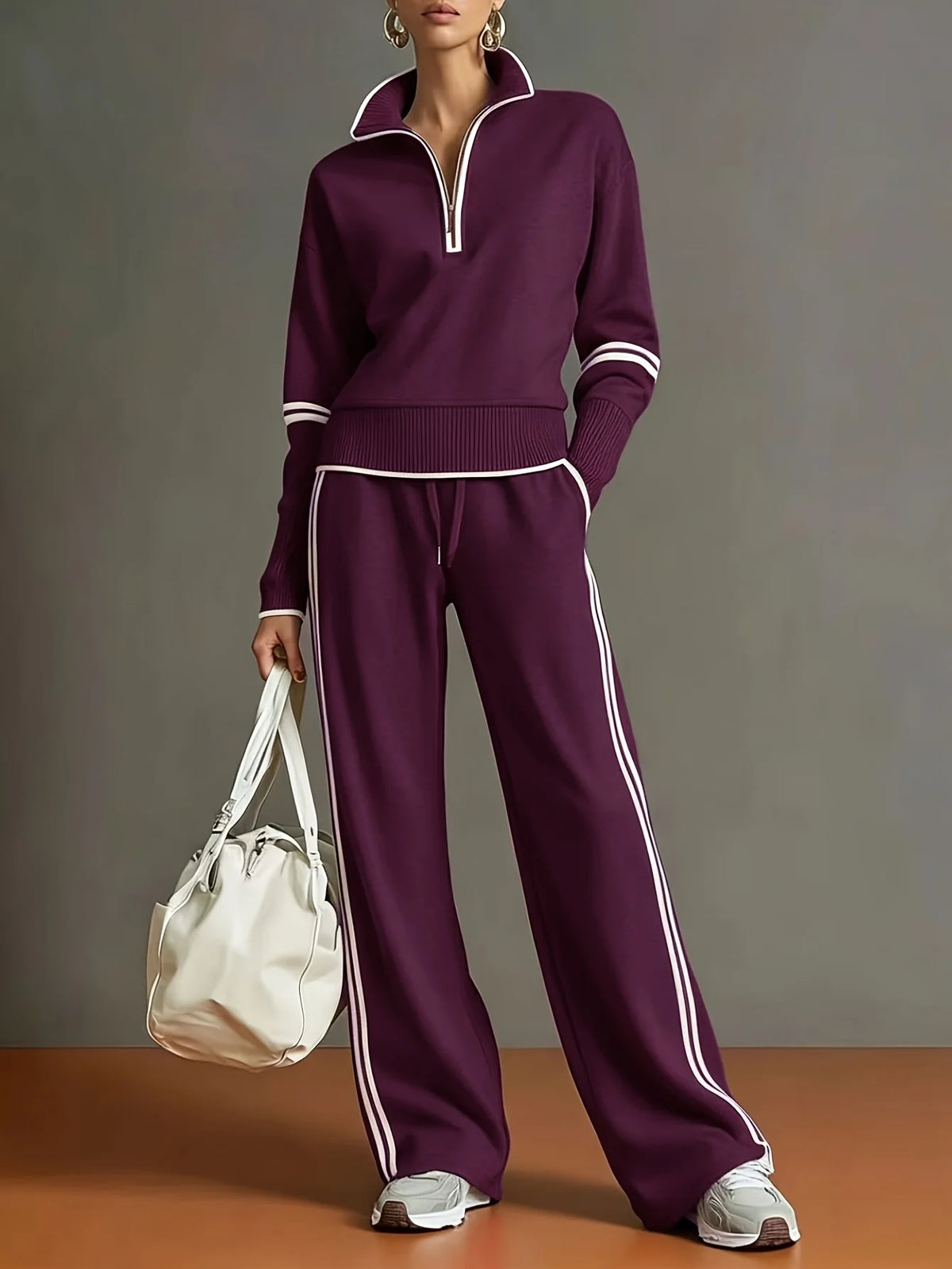 Women's Polyester Tracksuit Set | Casual Zip-Up Sweatshirt Jogger Pants