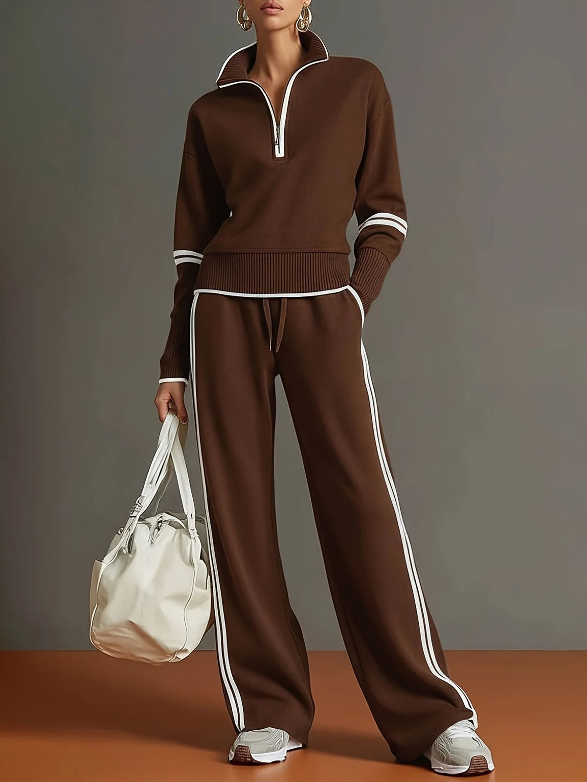 Women's Polyester Tracksuit Set | Casual Zip-Up Sweatshirt Jogger Pants