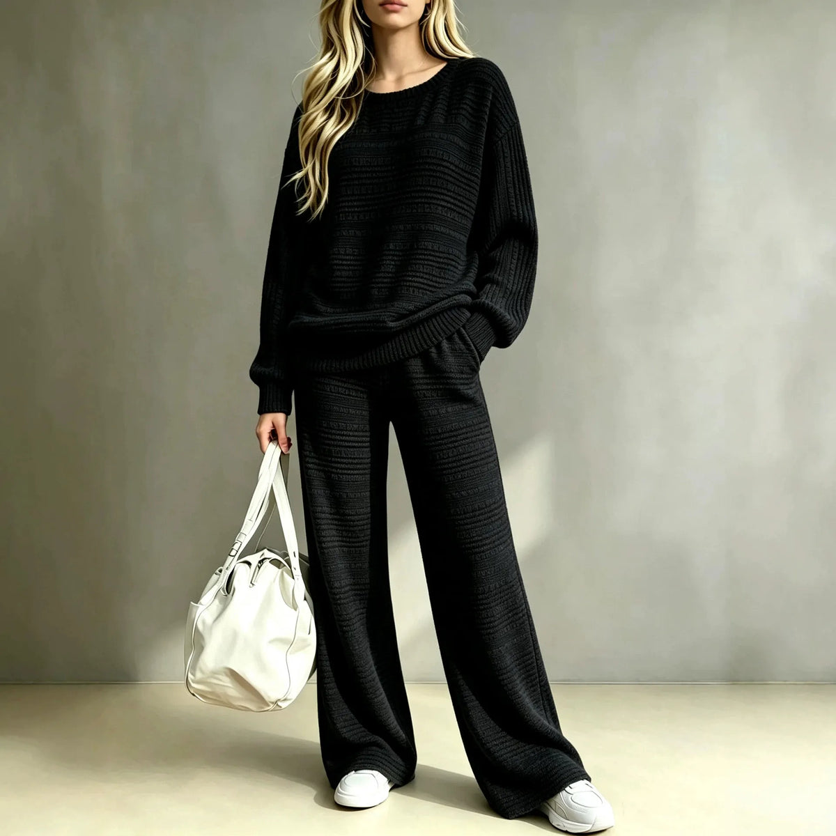 Women's Ribbed Knit Autumn Lounge Set | Casual Wide-Leg Pants