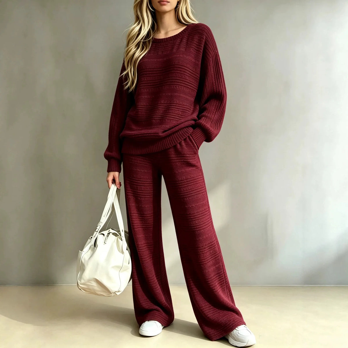 Women's Ribbed Knit Autumn Lounge Set | Casual Wide-Leg Pants