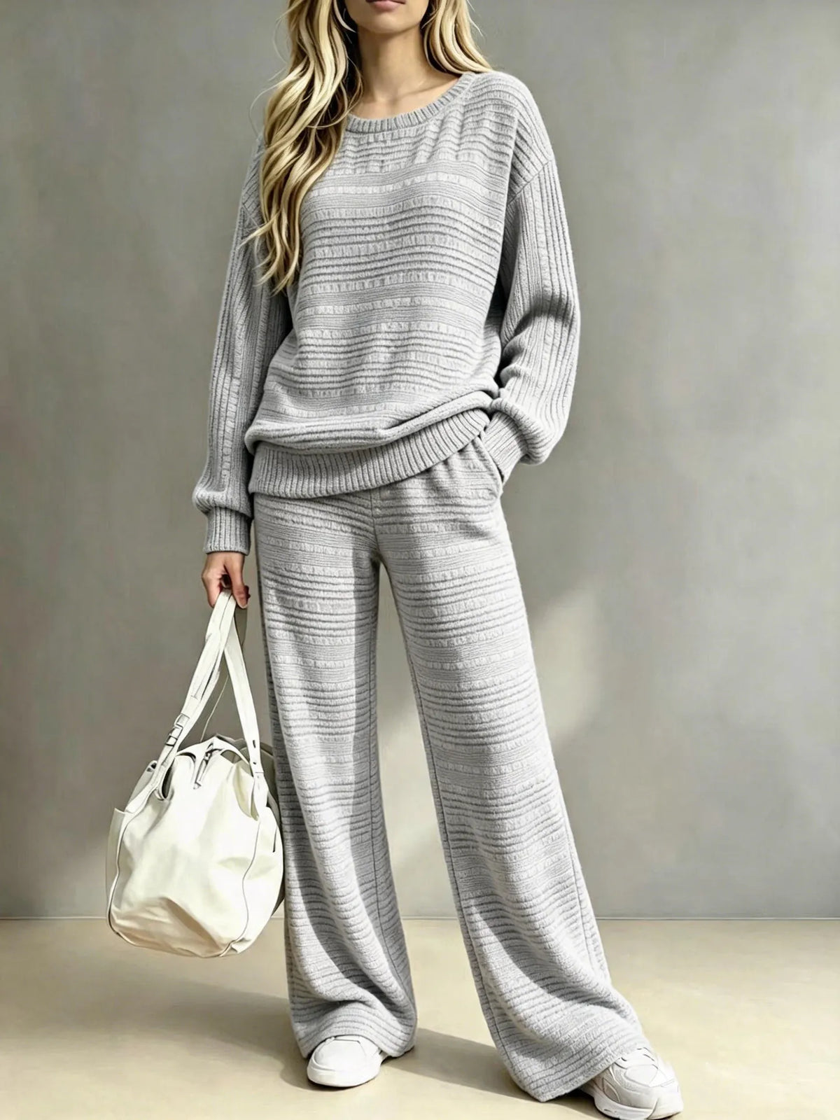 Women's Ribbed Knit Autumn Lounge Set | Casual Wide-Leg Pants