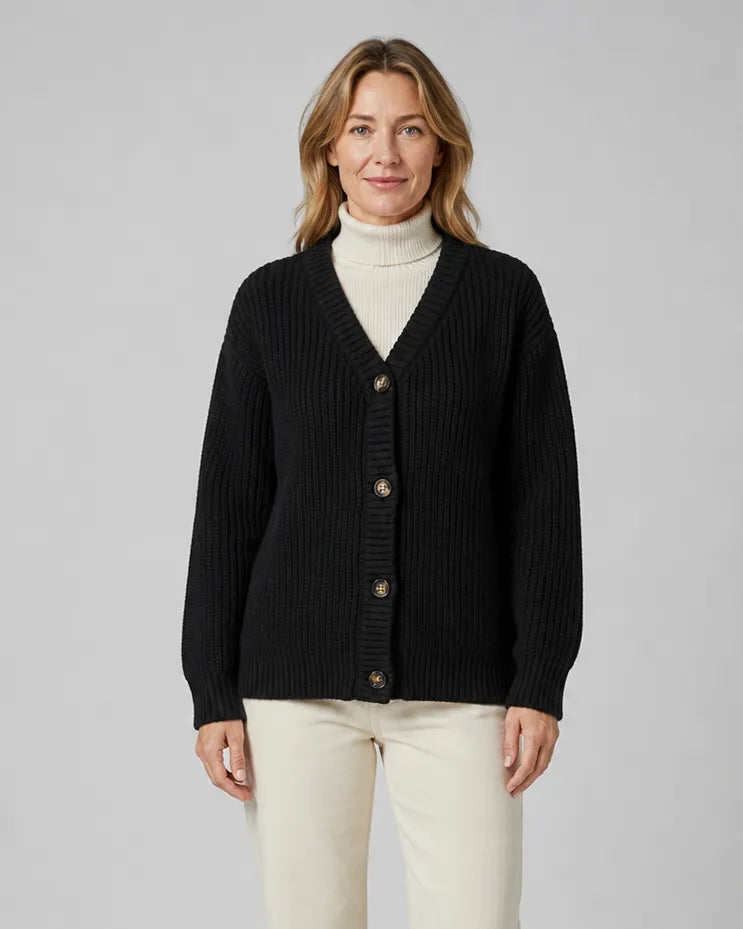 Women's Ribbed Knit V-Neck Cardigan | Relaxed Fit Button-Front Sweater