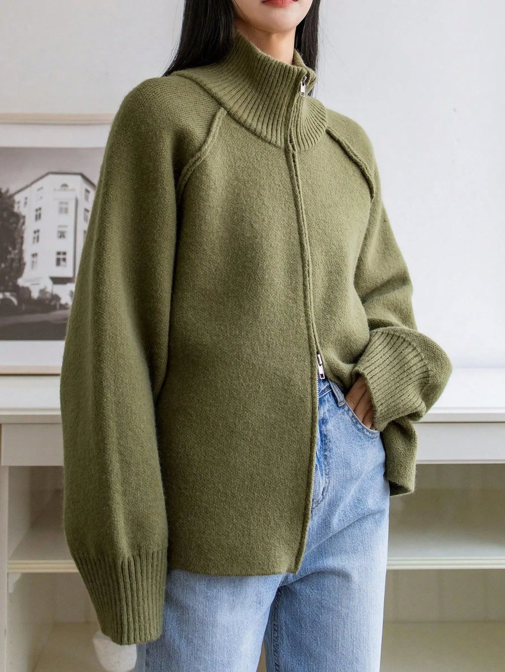 Women's Solid Cashmere Blend Autumn Cardigan | Loose Zip-Up Knit Sweater