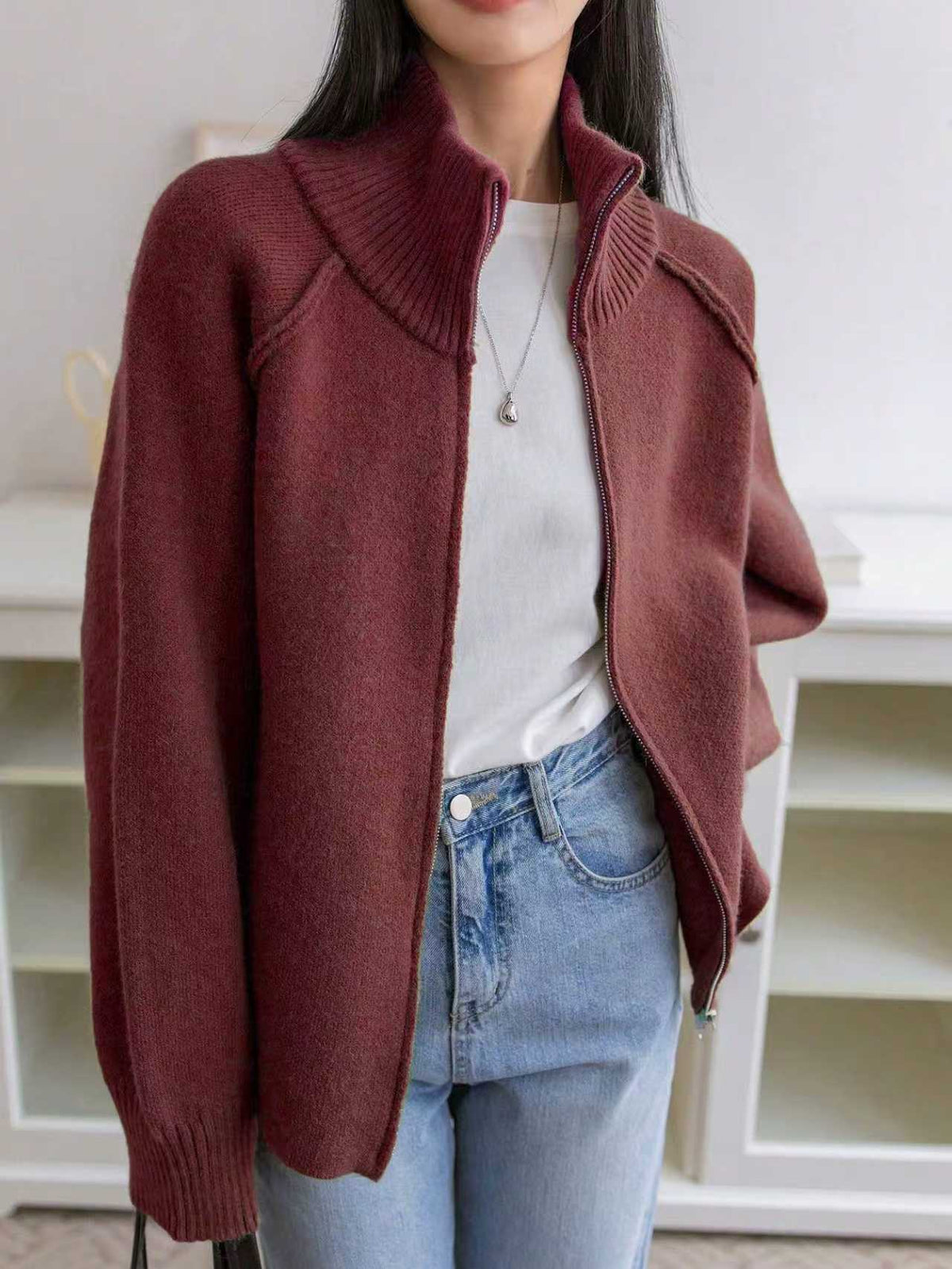 Women's Solid Cashmere Blend Autumn Cardigan | Loose Zip-Up Knit Sweater