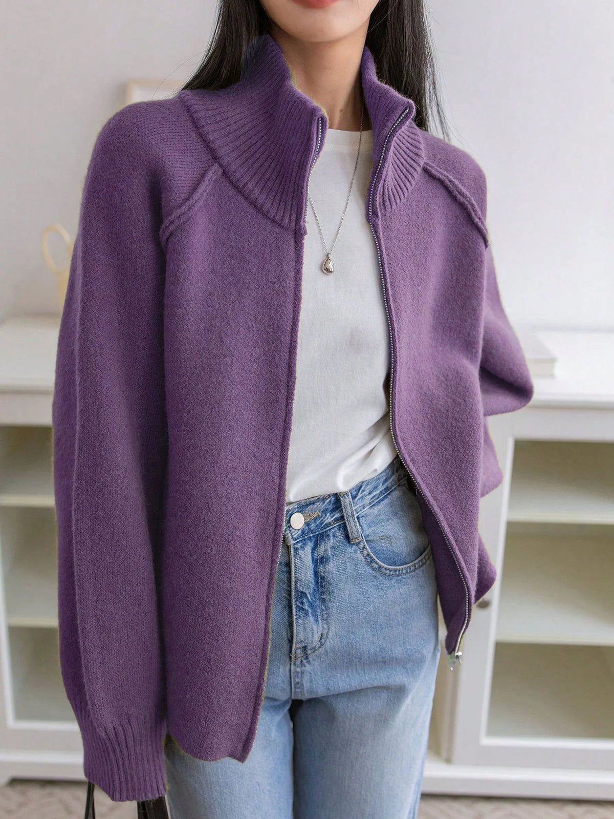 Women's Solid Cashmere Blend Autumn Cardigan | Loose Zip-Up Knit Sweater