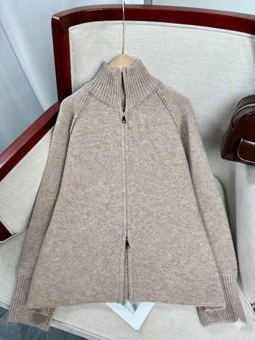 Women's Solid Cashmere Blend Autumn Cardigan | Loose Zip-Up Knit Sweater