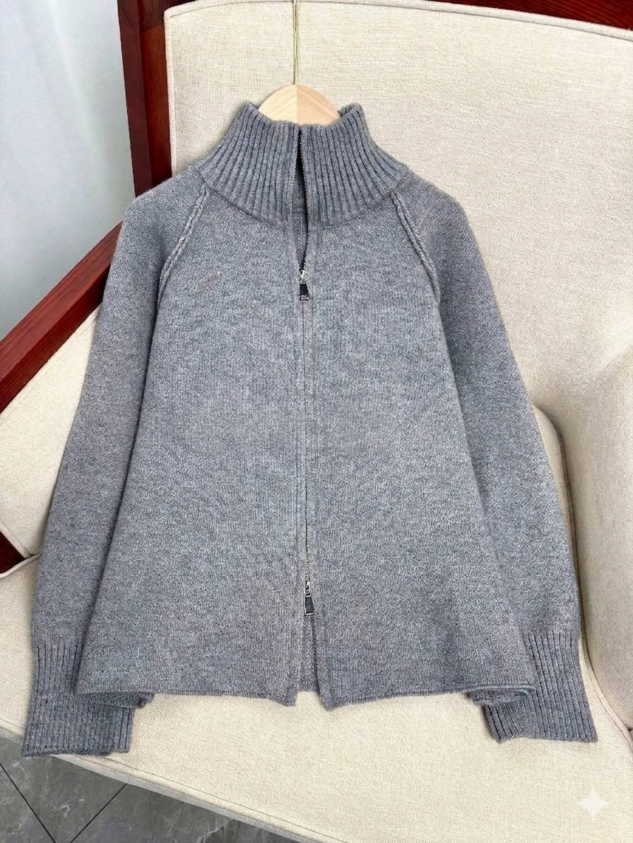 Women's Solid Cashmere Blend Autumn Cardigan | Loose Zip-Up Knit Sweater