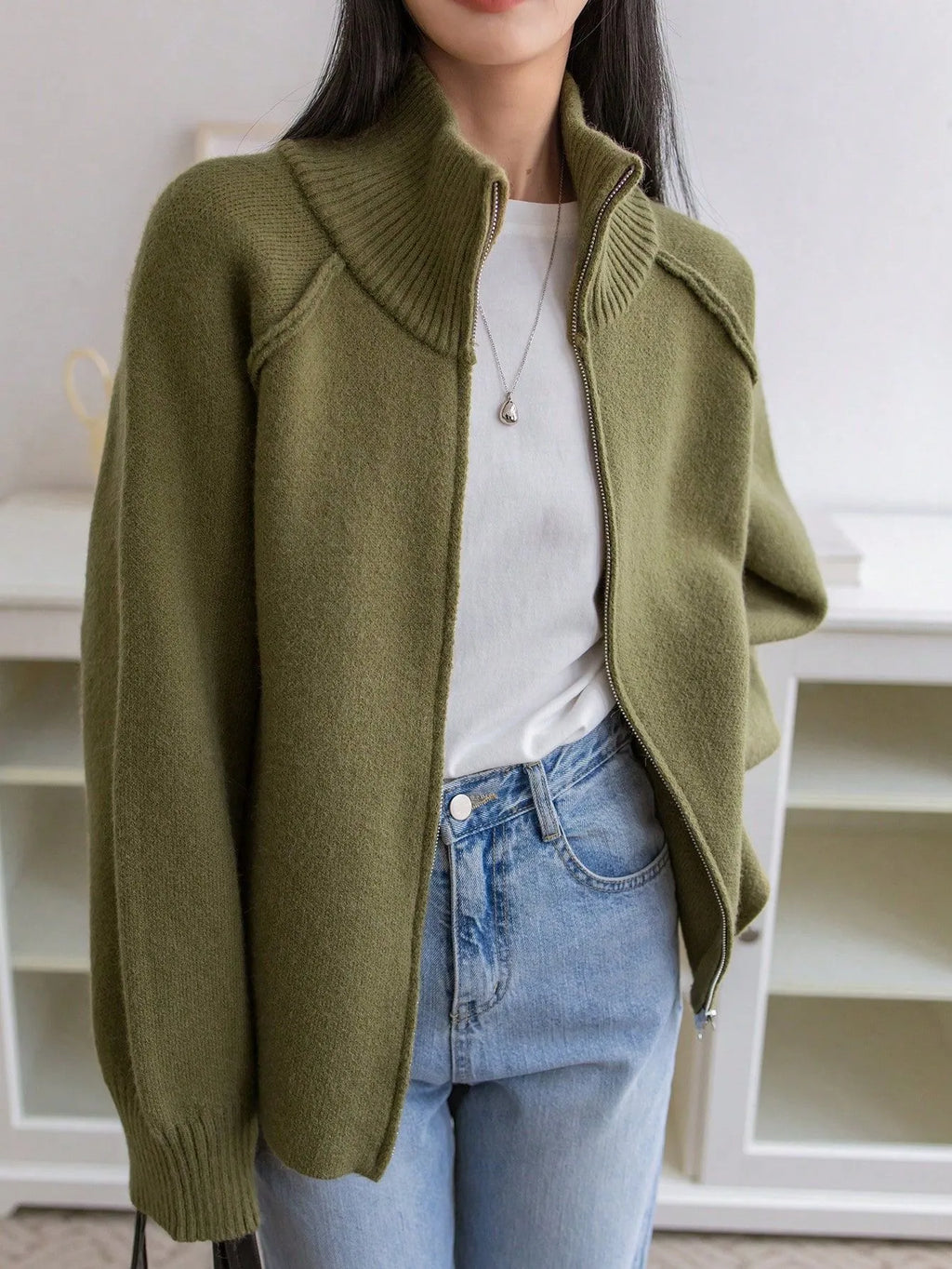 Women's Solid Cashmere Blend Autumn Cardigan | Loose Zip-Up Knit Sweater