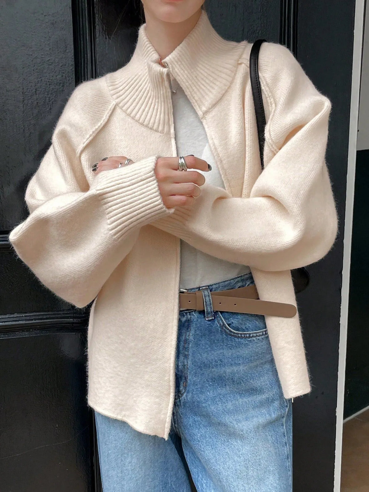Women's Solid Cashmere Blend Autumn Cardigan | Loose Zip-Up Knit Sweater