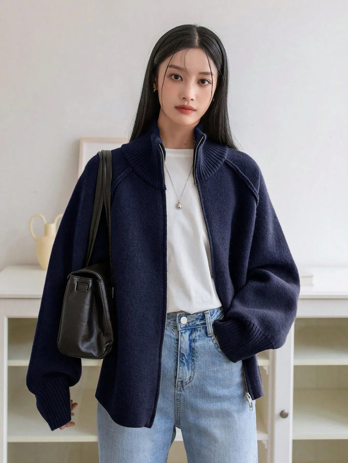 Women's Solid Cashmere Blend Autumn Cardigan | Loose Zip-Up Knit Sweater