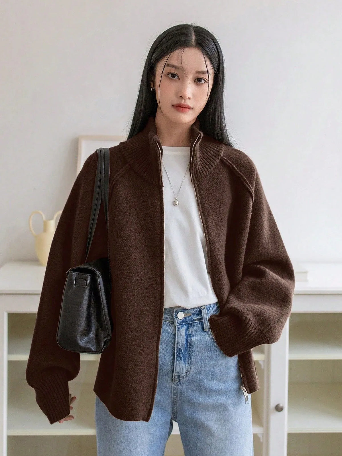 Women's Solid Cashmere Blend Autumn Cardigan | Loose Zip-Up Knit Sweater