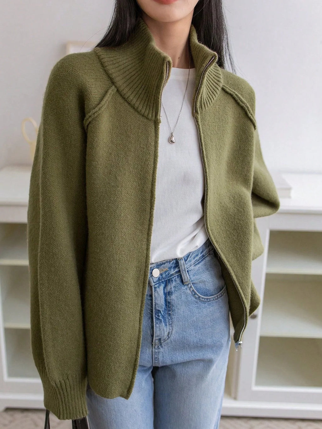 Women's Solid Cashmere Blend Autumn Cardigan | Loose Zip-Up Knit Sweater