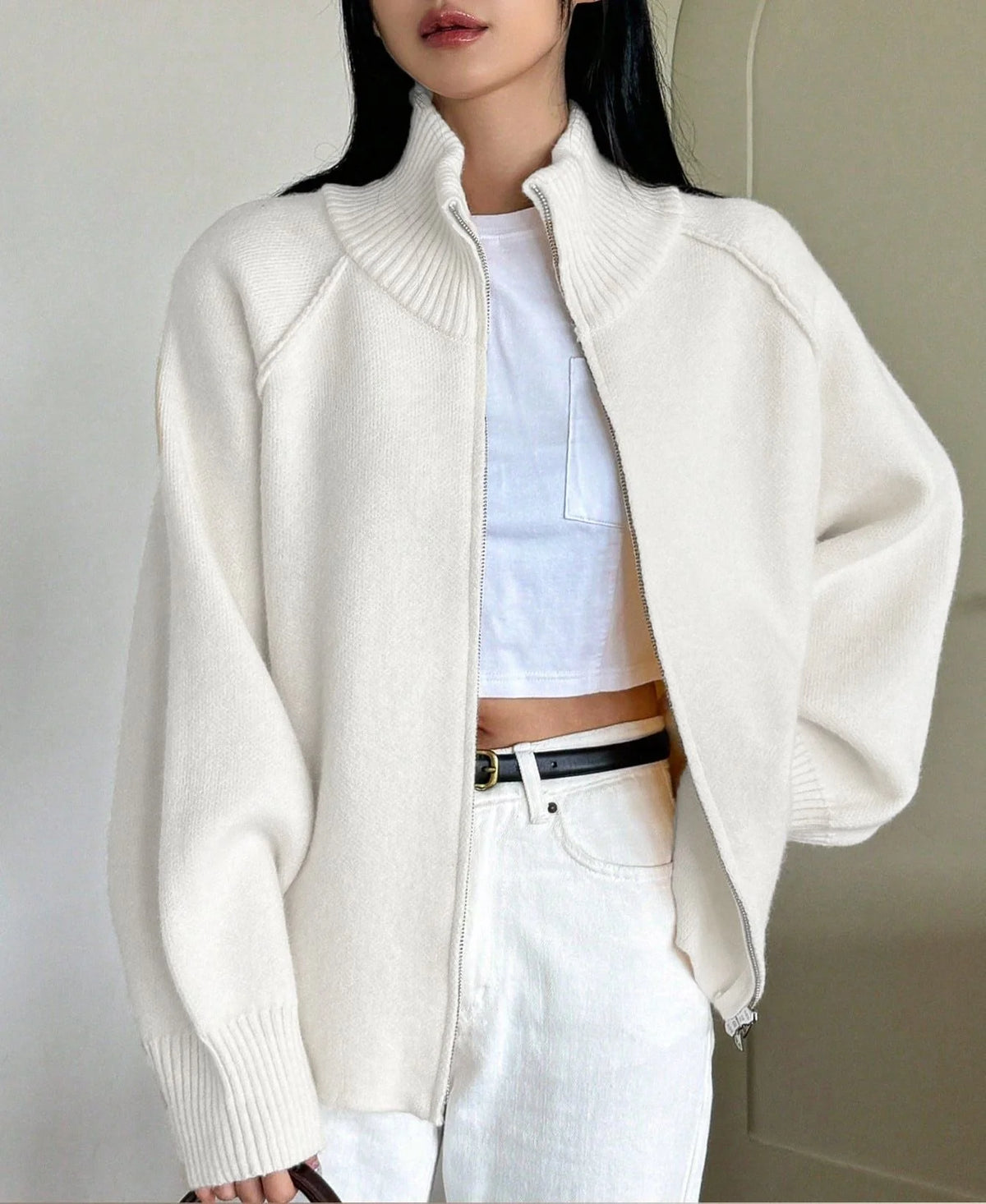 Women's Solid Cashmere Blend Autumn Cardigan | Loose Zip-Up Knit Sweater