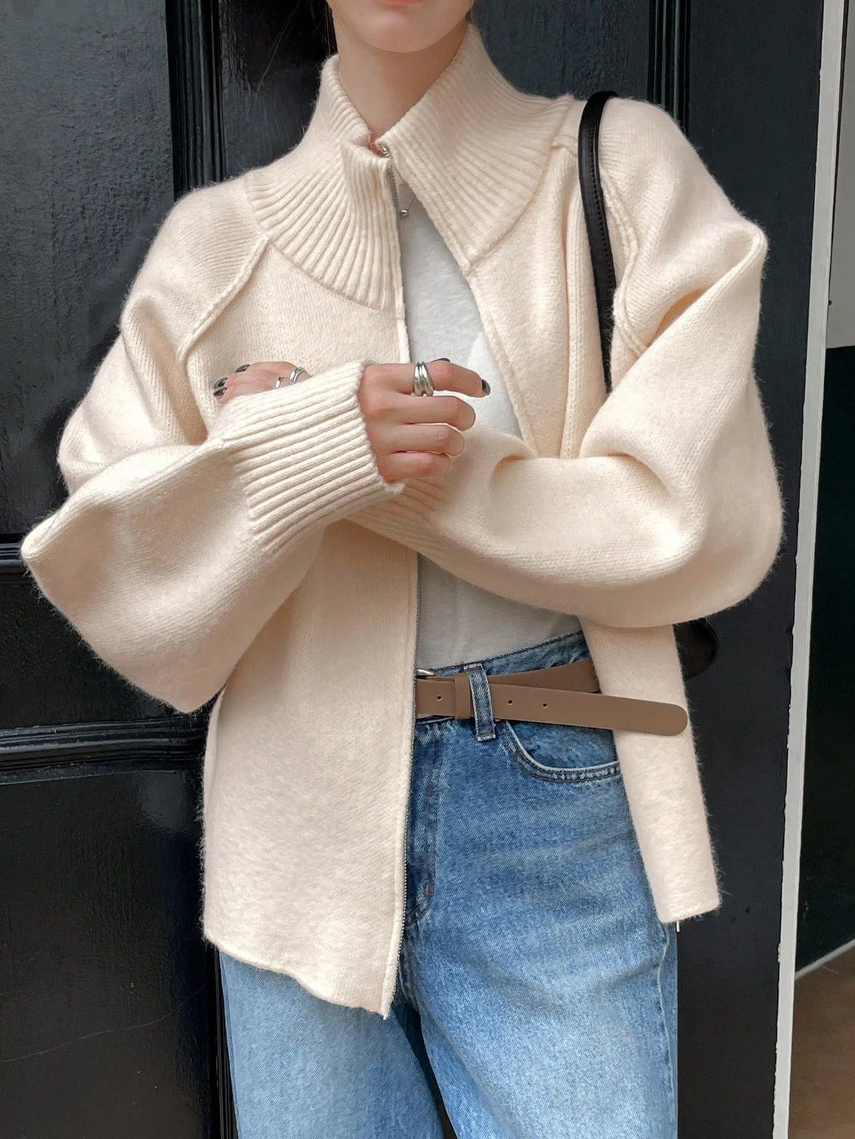 Women's Solid Cashmere Blend Autumn Cardigan | Loose Zip-Up Knit Sweater