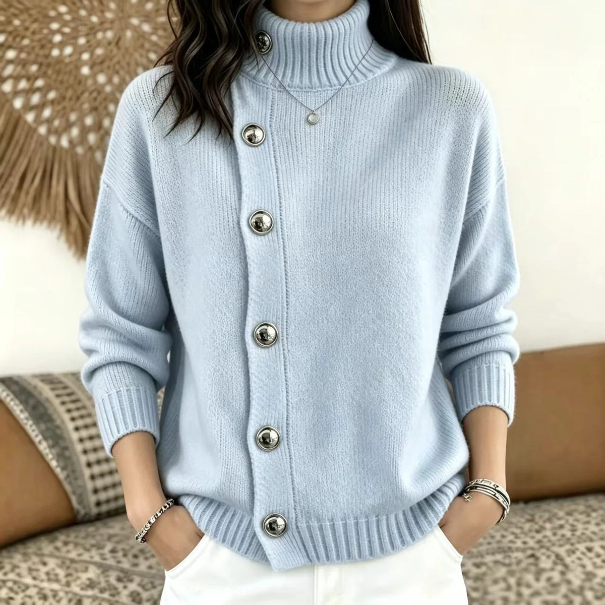 Women's Solid Knit Winter Sweater | Loose Fit Metal Button Cardigan