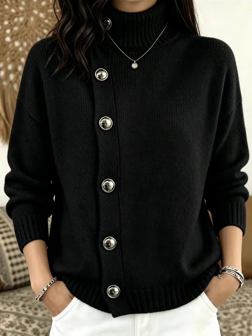 Women's Solid Knit Winter Sweater | Loose Fit Metal Button Cardigan