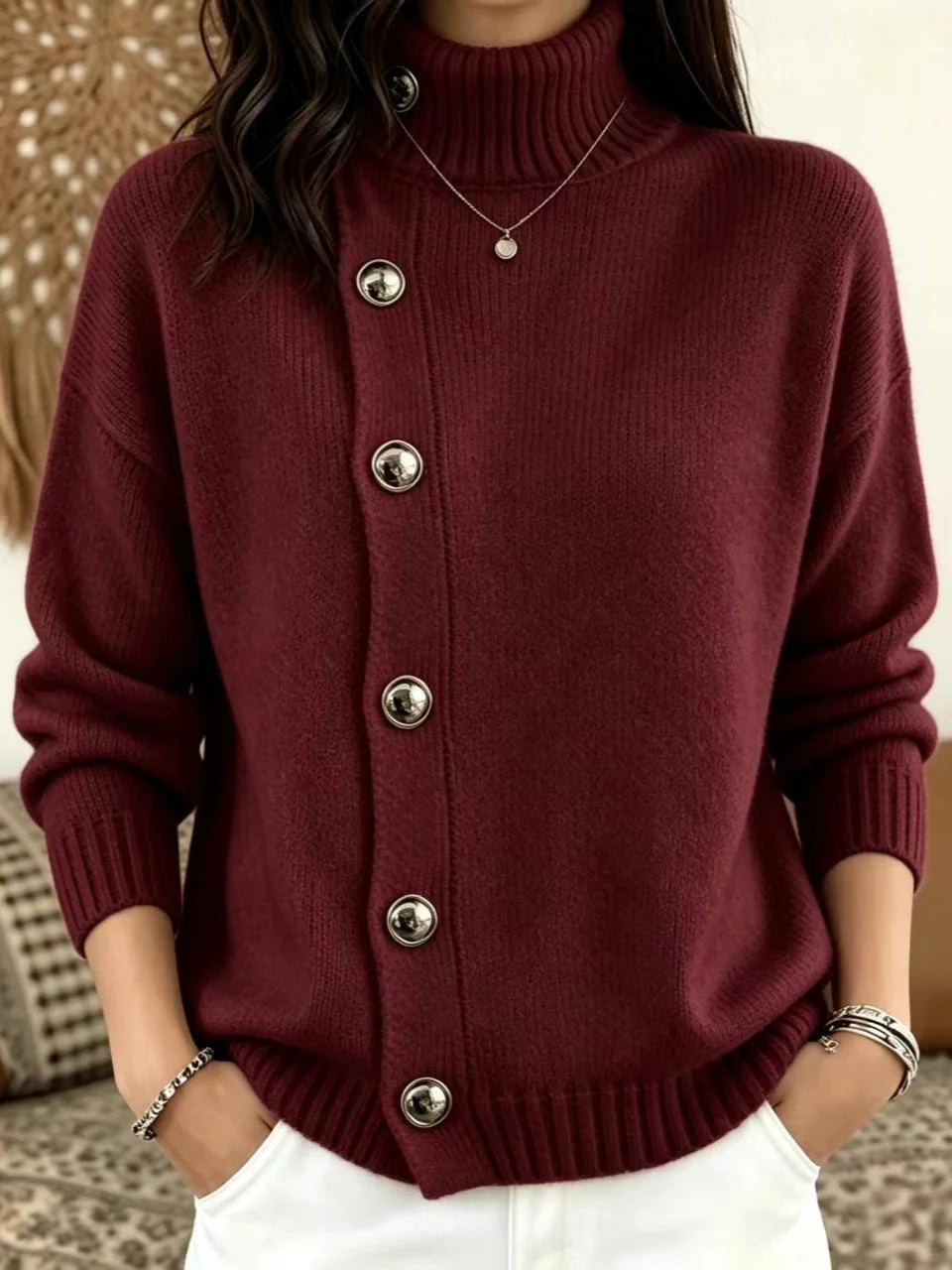 Women's Solid Knit Winter Sweater | Loose Fit Metal Button Cardigan
