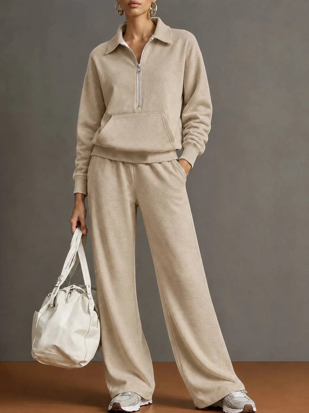 Women's Solid Knitted Tracksuit Set | Casual Oversized Sweatshirt Lounge Outfit