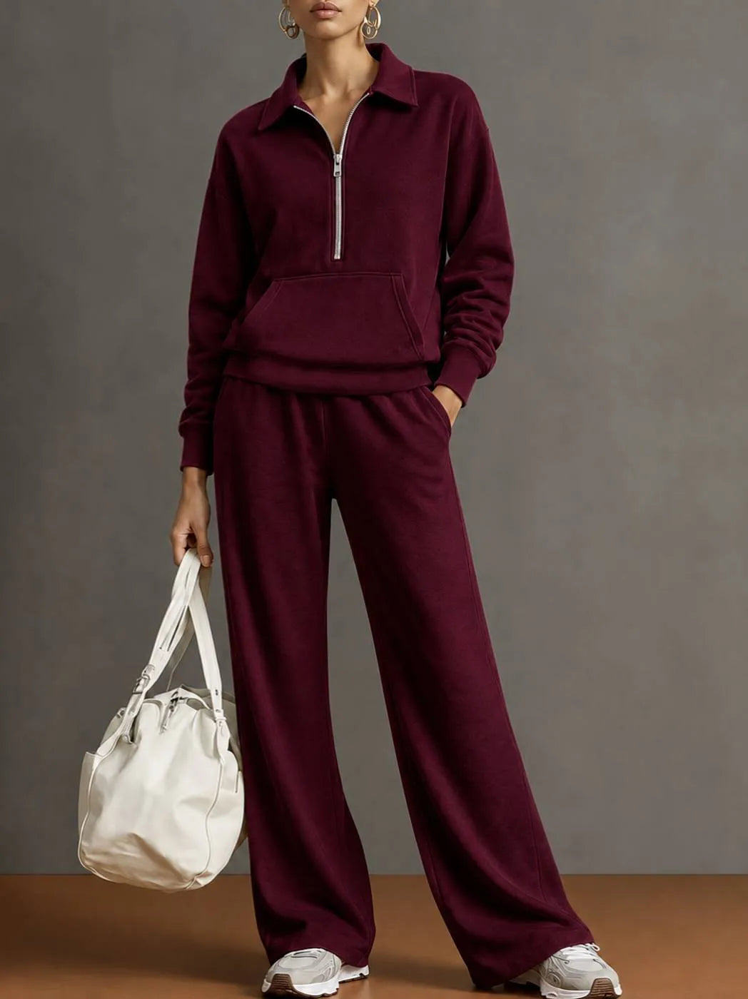 Women's Solid Knitted Tracksuit Set | Casual Oversized Sweatshirt Lounge Outfit