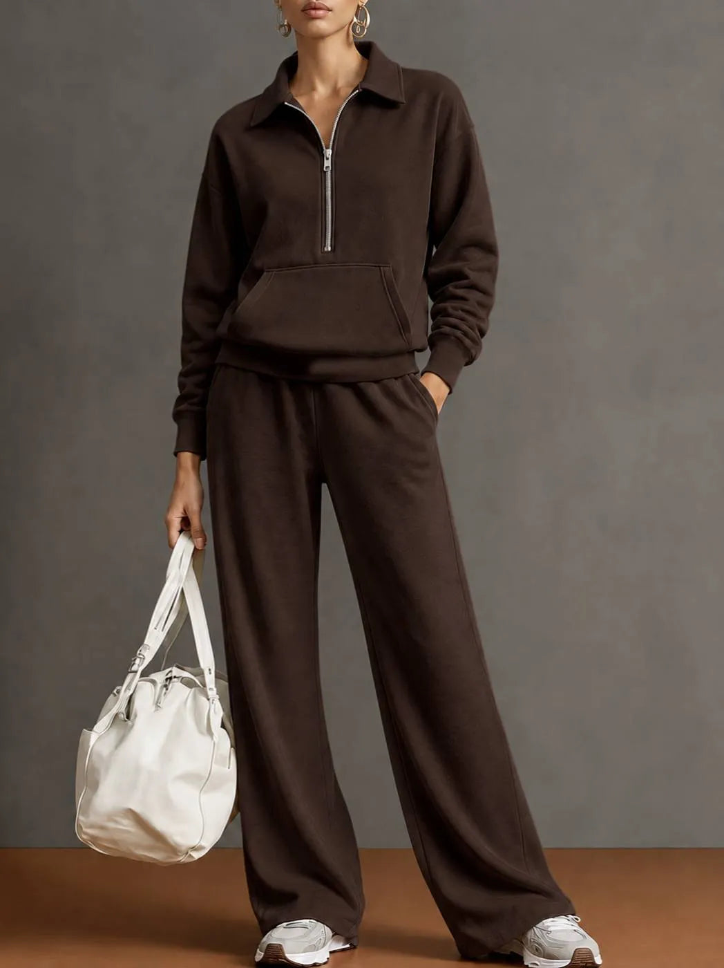 Women's Solid Knitted Tracksuit Set | Casual Oversized Sweatshirt Lounge Outfit