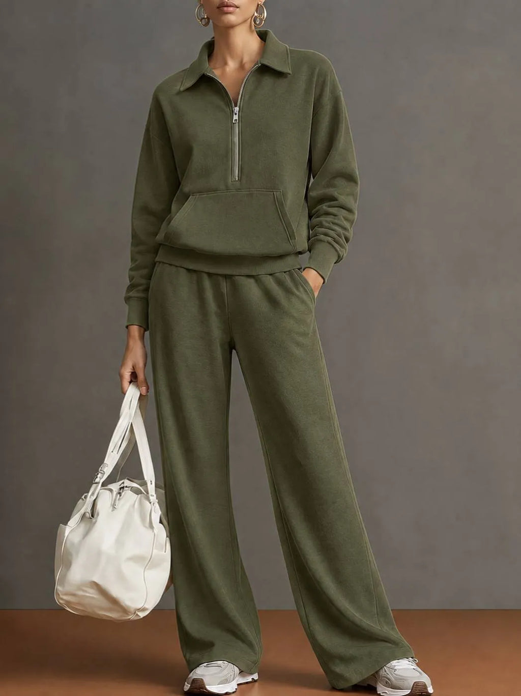 Women's Solid Knitted Tracksuit Set | Casual Oversized Sweatshirt Lounge Outfit