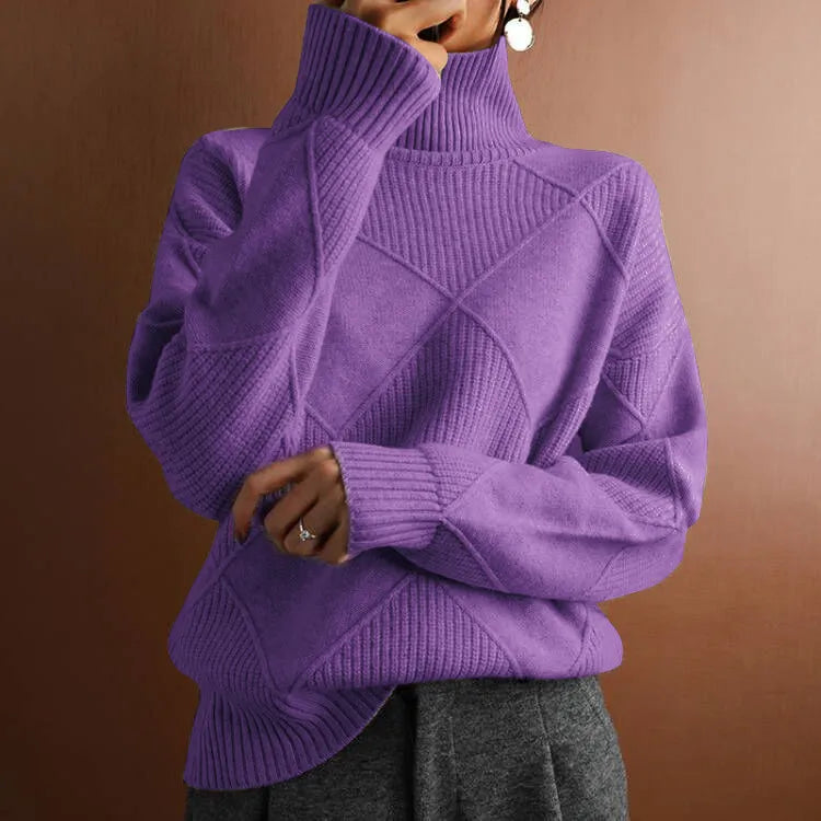 Women's Solid Knitted Winter Sweater | Warm Casual Turtleneck Pullover
