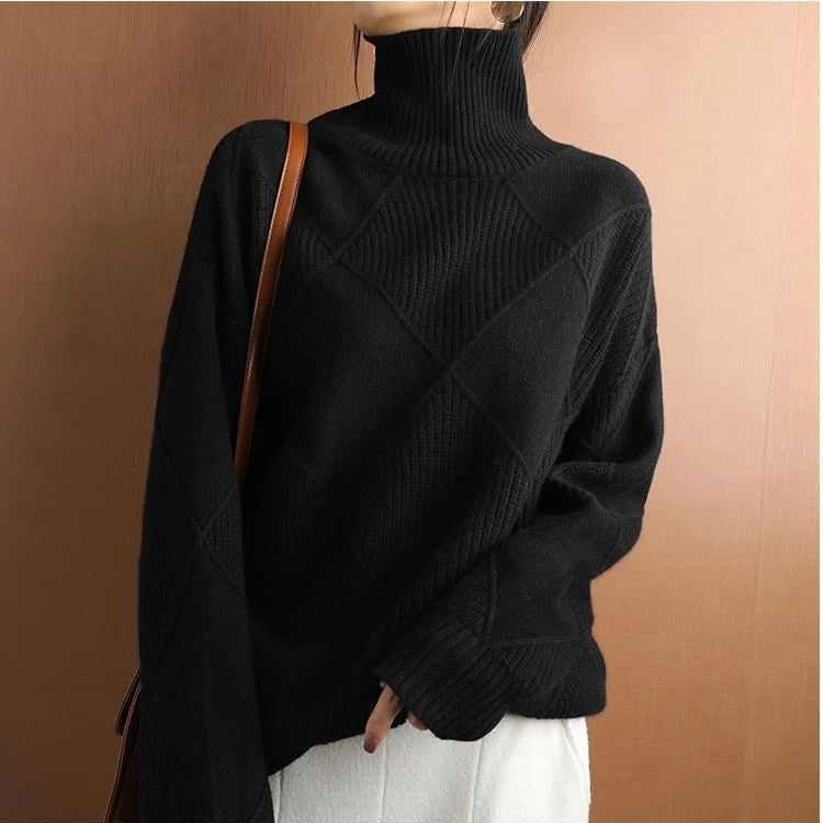Women's Solid Knitted Winter Sweater | Warm Casual Turtleneck Pullover