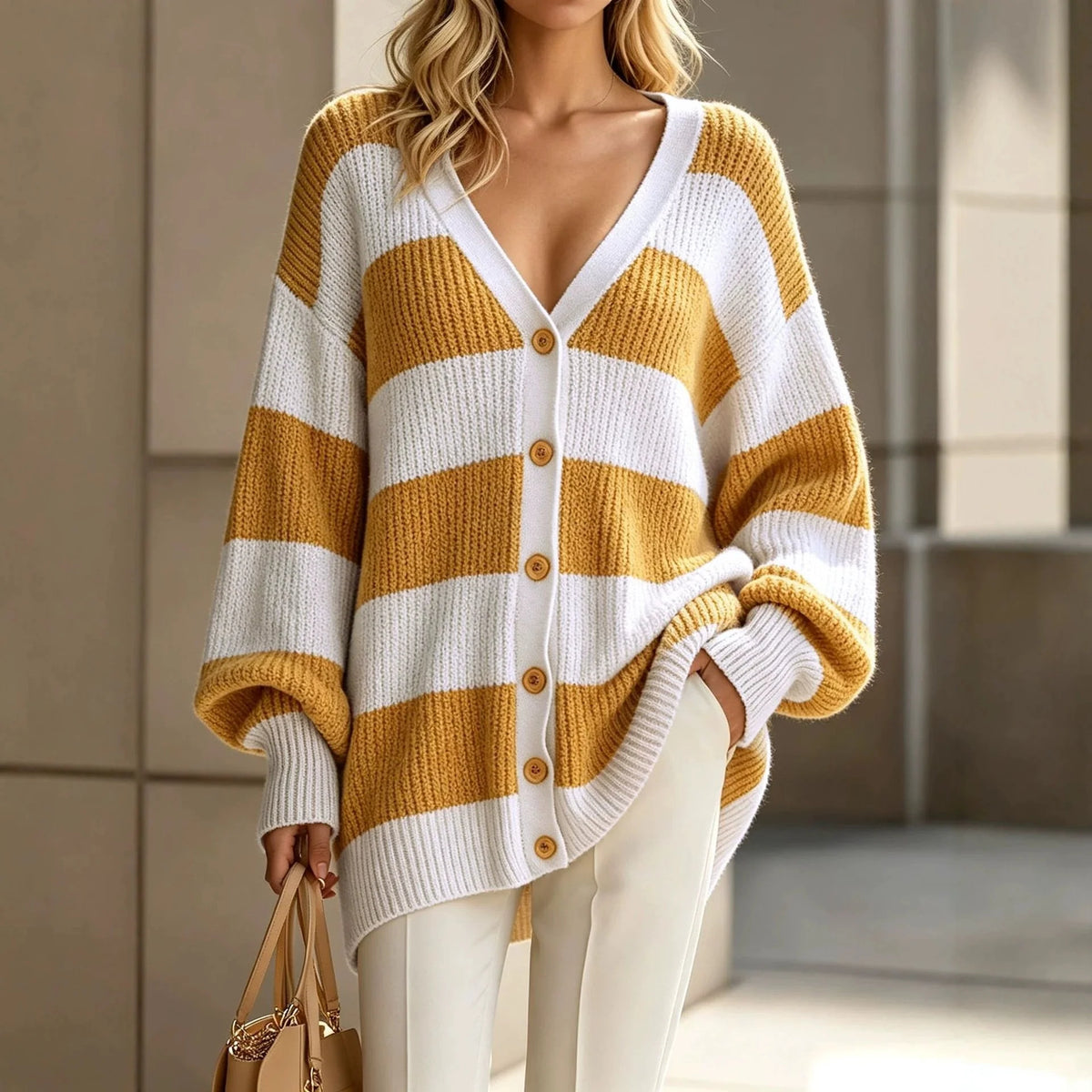 Women's Striped Knit Autumn Cardigan | Casual Long Sleeve Sweater