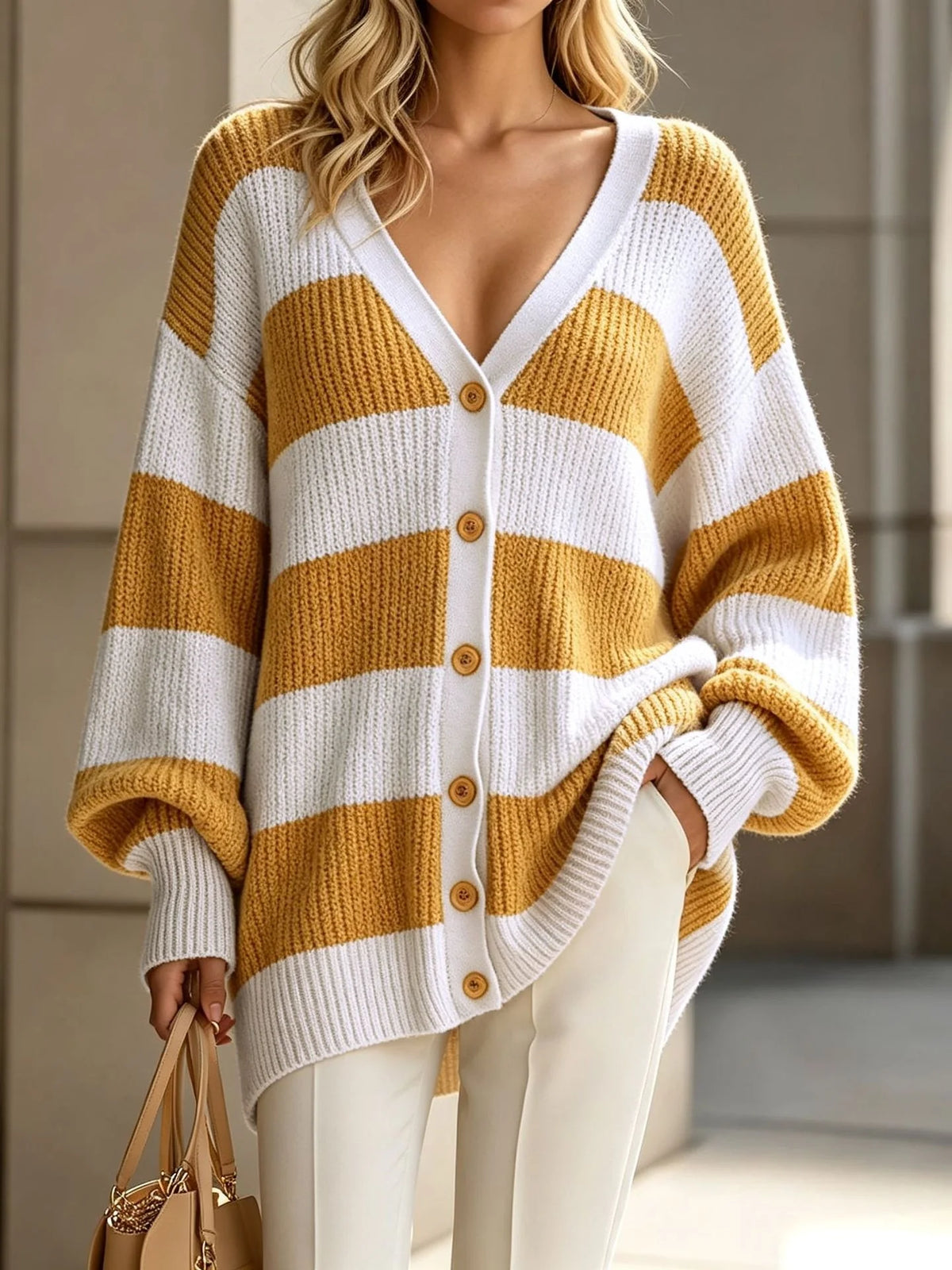 Women's Striped Knit Autumn Cardigan | Casual Long Sleeve Sweater