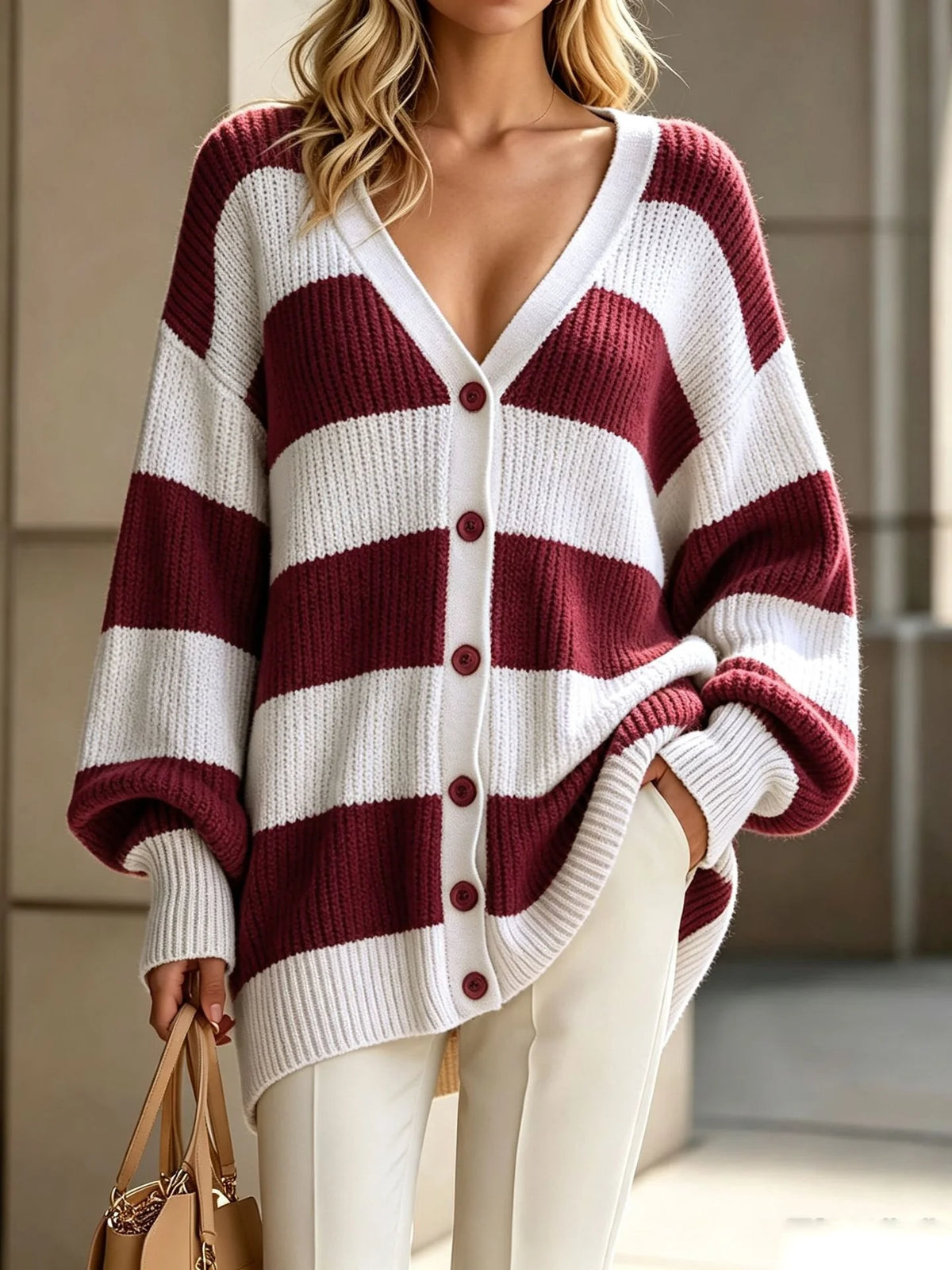 Women's Striped Knit Autumn Cardigan | Casual Long Sleeve Sweater