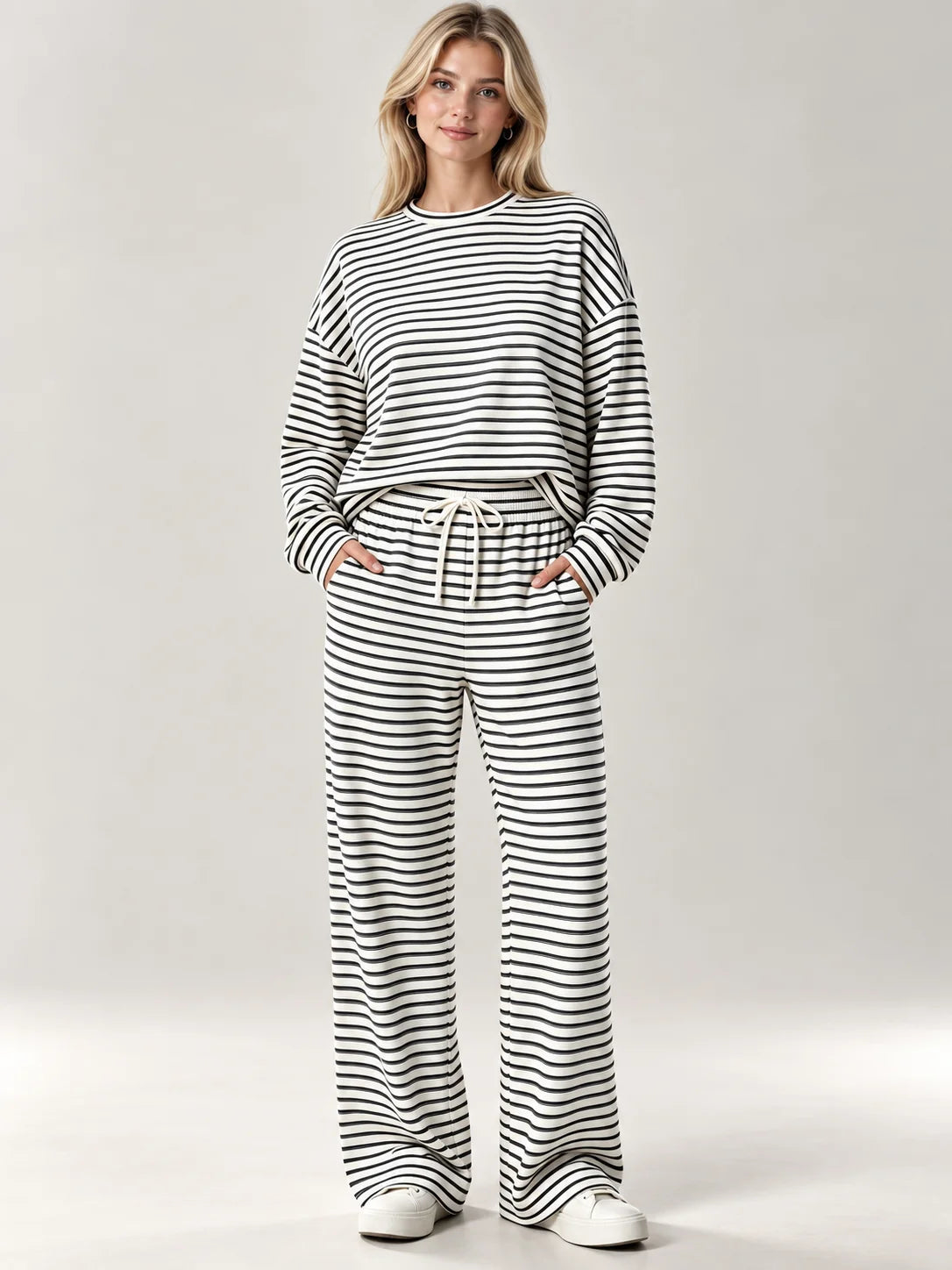 Women's Striped Knit Autumn Pant Set | Loose Fit Casual Loungewear
