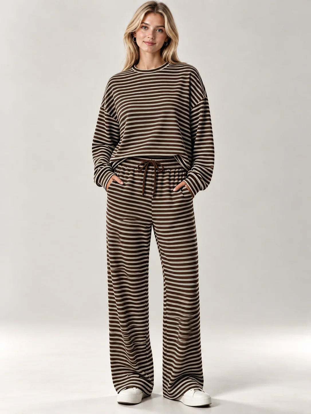 Women's Striped Knit Autumn Pant Set | Loose Fit Casual Loungewear