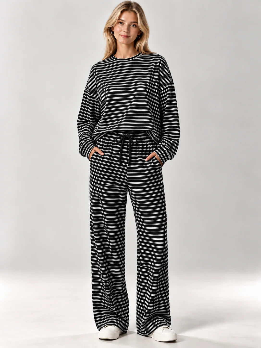 Women's Striped Knit Autumn Pant Set | Loose Fit Casual Loungewear
