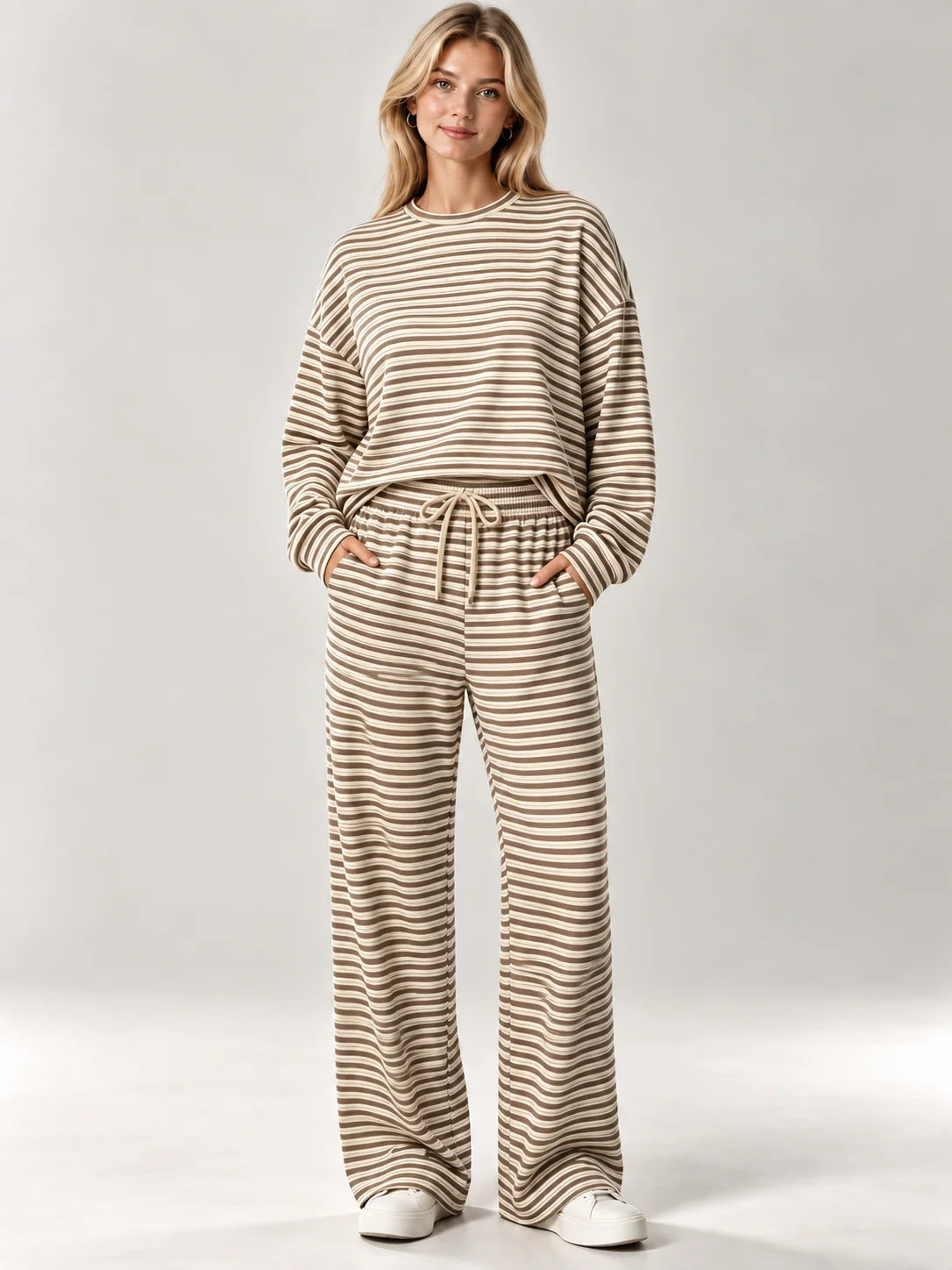Women's Striped Knit Autumn Pant Set | Loose Fit Casual Loungewear