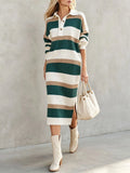 Women's Striped Knit Autumn Sweater Dress | Casual Split Polo