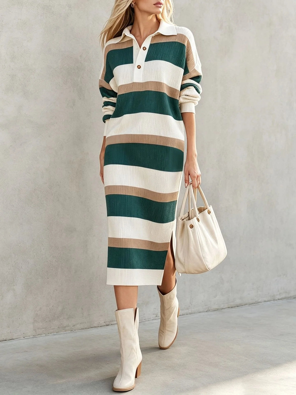 Women's Striped Knit Autumn Sweater Dress | Casual Split Polo
