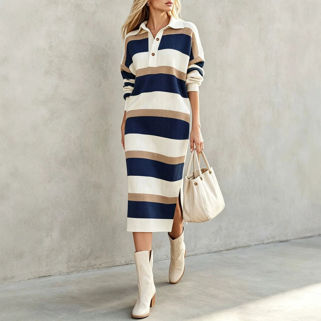 Women's Striped Knit Autumn Sweater Dress | Casual Split Polo