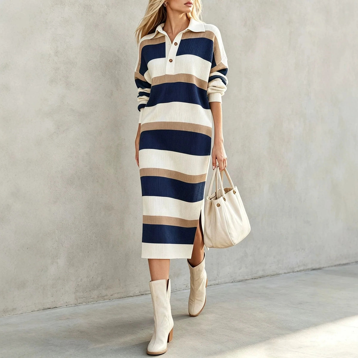 Women's Striped Knit Autumn Sweater Dress | Casual Split Polo