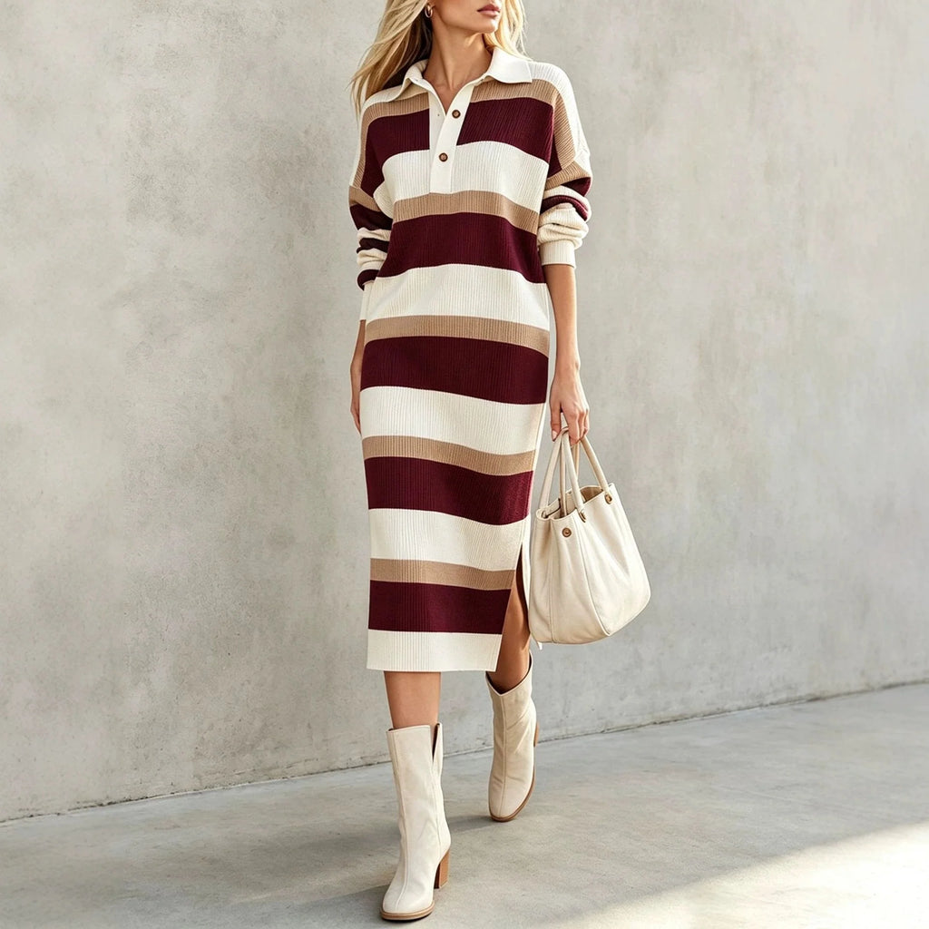 Women's Striped Knit Autumn Sweater Dress | Casual Split Polo