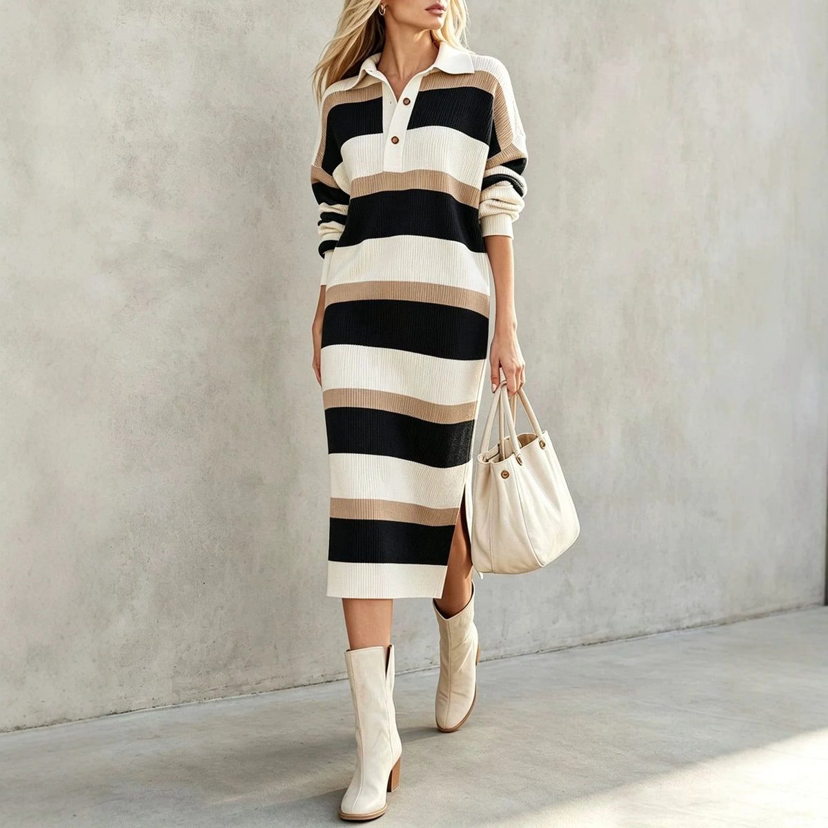 Women's Striped Knit Autumn Sweater Dress | Casual Split Polo