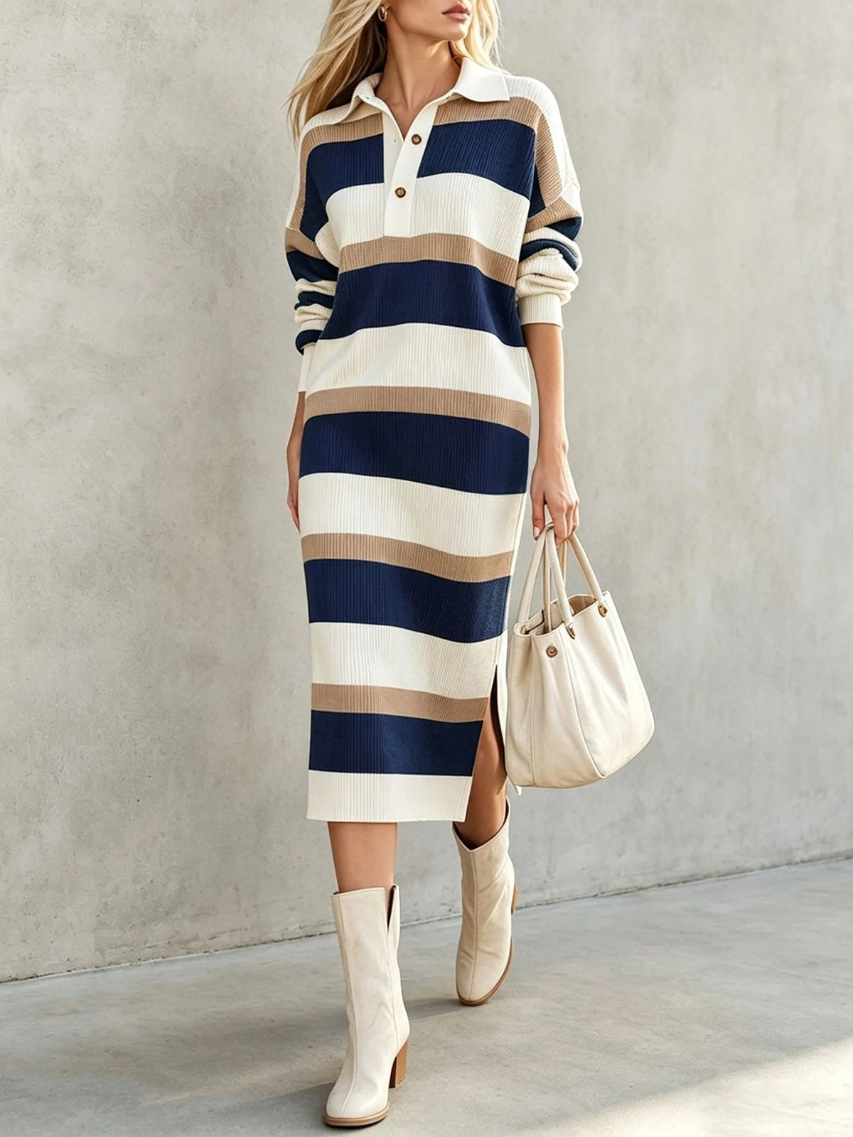 Women's Striped Knit Autumn Sweater Dress | Casual Split Polo