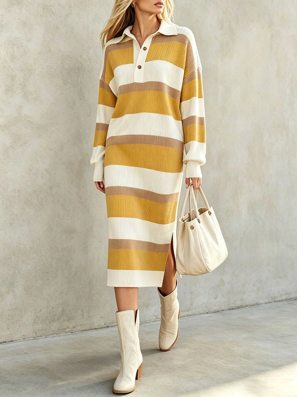 Women's Striped Knit Autumn Sweater Dress | Casual Split Polo
